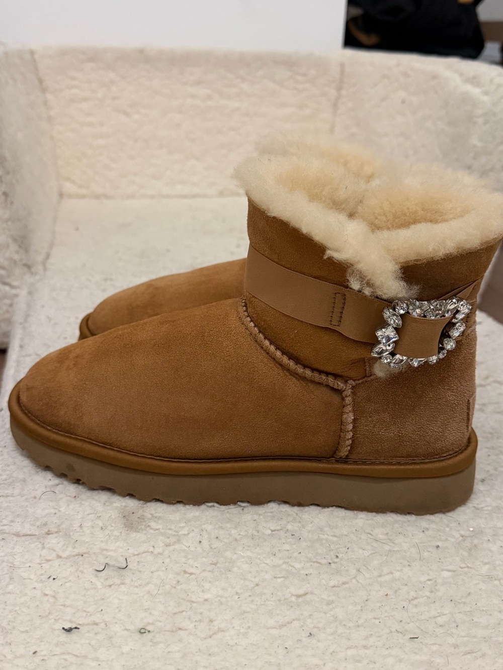 UGG Chestnut Suede Shearling Ankle Slippers with Crystal Buckle